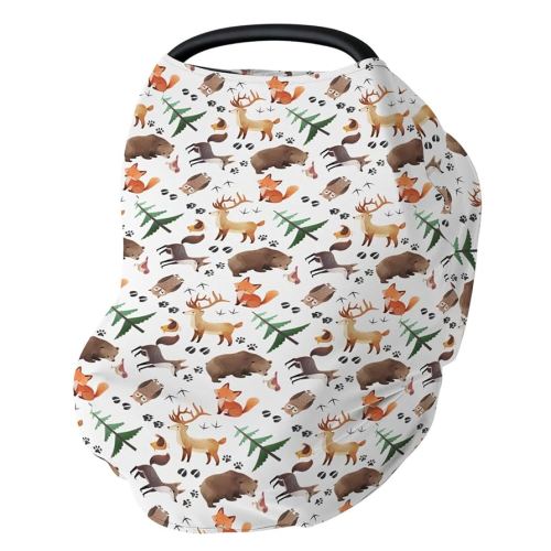 Cute Animals Baby Car Seat Covers Animal Tracks Bear Raccoon Moose Wolf Owl Fox Stretchy 5-in-1 Cover Adjustable Infant Carseat Canopy Cover Cartoon Forest Animal Breathable Nursing Cover-Up