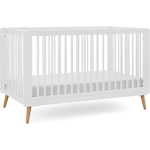 Tatum 3-in-1 Convertible Baby Crib, White with Natural Legs, Converts to Toddler Bed and Day Bed, Fits Standard Full-Size Crib Mattress, 4 Adjustable Mattress Base