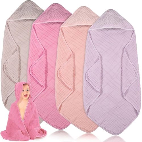 Peryiter 4 Pcs Muslin Hooded Baby Towels,32"x 32" Cotton Newborn Bath Towel Muslin Infant Baby Blankets Absorbent Unisex Newborn Registry Gift for Girls Boys (Pink Series)