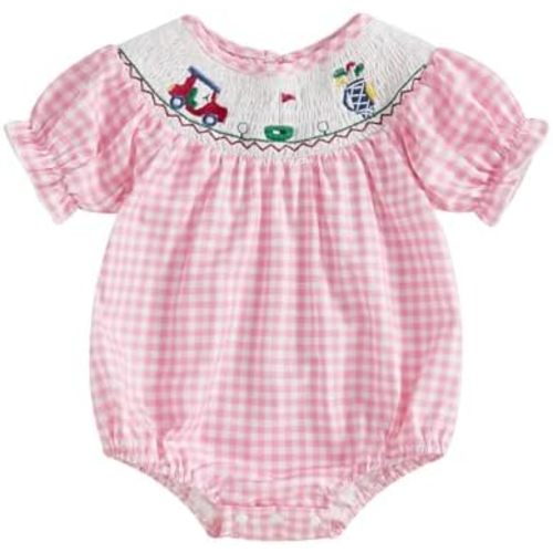 FIOMVA Toddler Baby Girl Clothes Summer Smocked Bubble Romper Embroidery Onesie Short Sleeve Bodysuit Cute Outfits