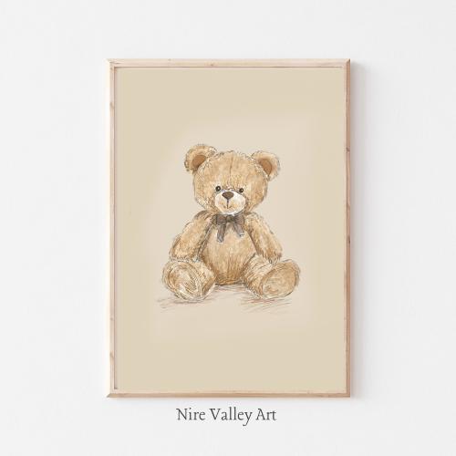 Vintage Nursery Toy Teddy Bear Sketch, Gender Neutral Wall Art Printable, Vintage Illustration, Baby Room Decor