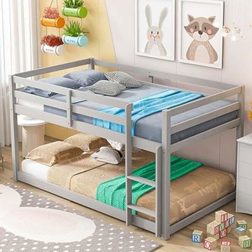 Anwick Twin Over Twin Low Bunk Bed with Stairs and Rails, Wooden Bunk Beds Frame with Safety Guardrail and Slats for Toddlers, Kids, Teens, Boys, Girls, Noise-Free (Grey, Bunk)