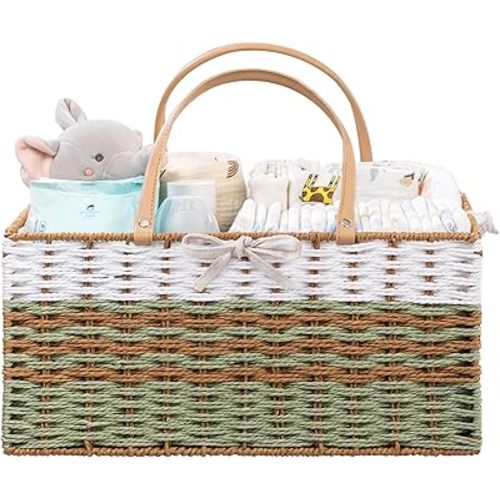 HBlife Large Baby Diaper Caddy Organizer, Paper Rope Storage Baskets Nursery Bin with Removable Divider, Portable Car Organizer for Diapers, Baby Shower Gifts, Newborn Essentials Must Haves