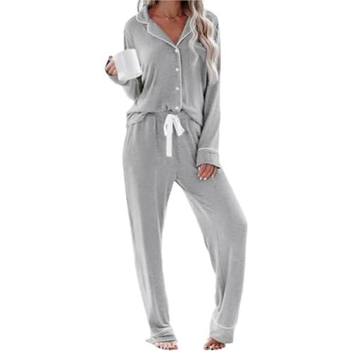 Womens Long Sleeve Pajamas Set Soft Sleepwear Button Shirt Long Pants Pj Lounge Sets