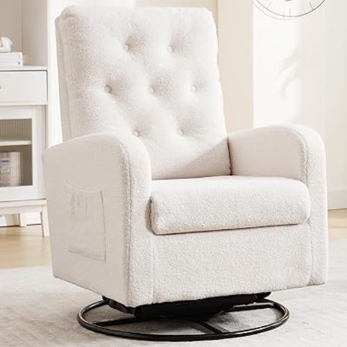 Swivel Glider Rocking Chair Nursery Modern Accent Rocking Chairs for Adults with Storage Pocket for Living Room Bedroom Comfy Nursery Glider Rocker Chair White