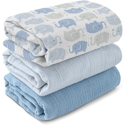 Muslin Swaddle Blankets for Newborn, 3-Pack Cotton Receiving Blankets, Large 40 x 38 inches, Baby Blankets for Boys and Girls, Wrap Burp Cloths, Registry Essentials, Shower Gifts, Elephant & Blue