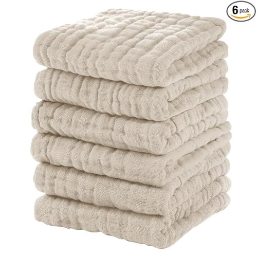 Muslin Burp Cloths Baby 12''X12'', Baby Washcloths 6 Pack, 100% Cotton Baby Wash Cloths Absorbent and Soft for Newborn Infants Kids Boys Girls - Apricot