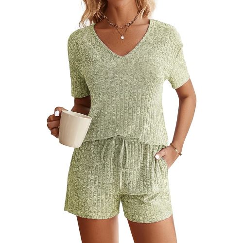 Ekouaer Womens Ribbed Knit Lounge Set Short Sleeve Top and Shorts Sleepwear Pajama Set Two Piece Shorts Outfits Set