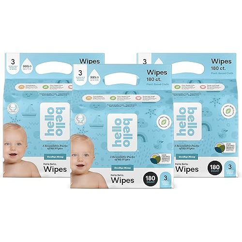 Hello Bello Baby Wipes I Plant Based Wipes for Sensitive Skin Made with 99% Water and Aloe for Babies and Kids I Unscented I 540 Count (9 Packs of 6)
