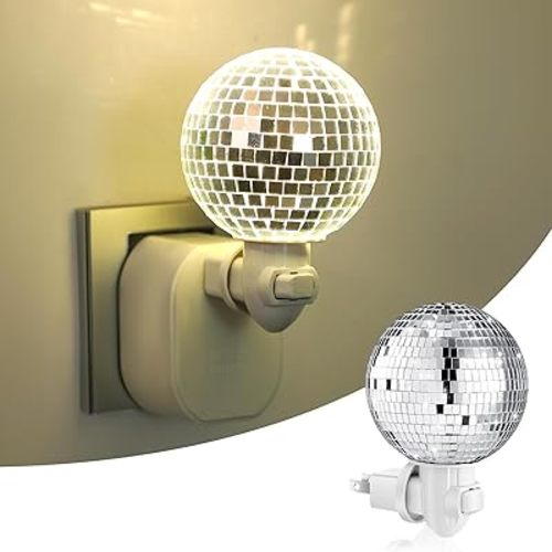 Disco Ball Night Light Plug into Wall, Silver Mirror Night Lamp for Christmas Party Decoration Funny LED Bedside Nightlight for Bedroom Bathroom Dorm Hallway Xmas Gift