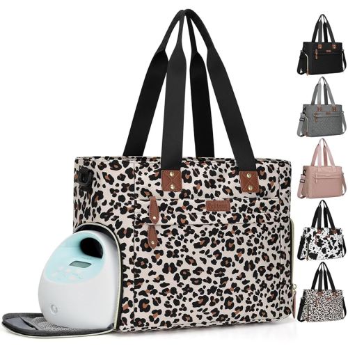 Diaper Bag Tote for Working Mom, Large Travel Diaper Tote for Mom and Dad with 15 Inch Laptop Sleeve, Mommy Maternity Travel Baby Bag for Boys and Girls, Leopard