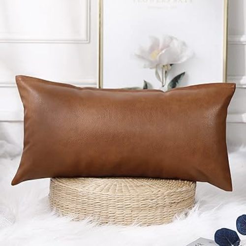 PANOD Decorative Lumbar Throw Pillow Covers 16 x 26,Premium Faux Leather Long Pillow Covers Cushion Case for Farmhouse Sofa Couch Bed Livingroom,Modern Boho,Vegan Brown