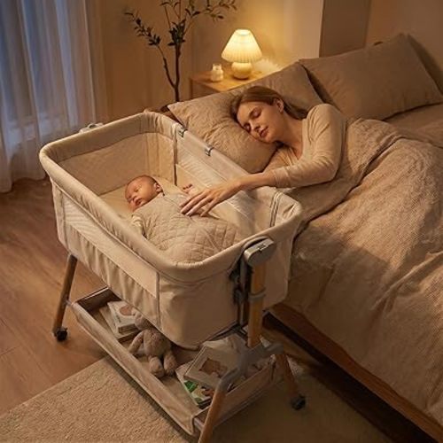 3 in 1 Baby Bassinet Bedside Crib, CPSC & ASTM Certified, 5 Adjustable Heights, 3-7° Anti-Reflux Tilt, Stable Portable Bed Crib for Infant Newborns with Wheels, 38L Storage, Mattress - Beige