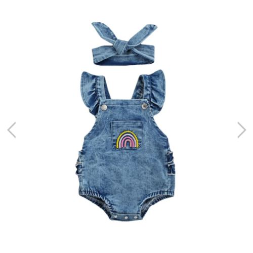 RAINBOW Denim Ruffle Romper - Hazel & Bo