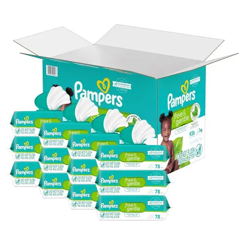 Pampers Baby Wipes, Free & Gentle, Hypoallergenic and Unscented Wipe, 100% Plant Based, Plastic-Free for Babies, 936 Total (12 Flip-Top Packs)