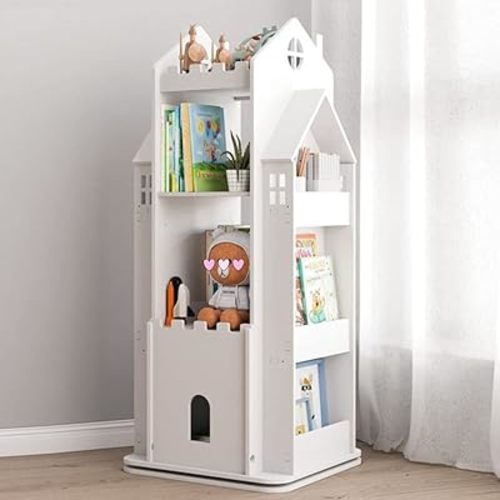 Rotating Bookshelf 360° Castle Kids Bookshelf Toy Storage Organizer Rack, Pink White Corner Bookshelf for Kids Toddler Children, Home Office Furniture Bookcase