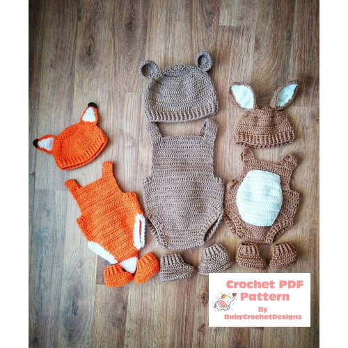 Woodland Wonders 3in1 Romper Set, Bunny, Fox, Bear Baby Outfit Crochet Pattern Size's Newborn to 2 Years Instant PDF Download