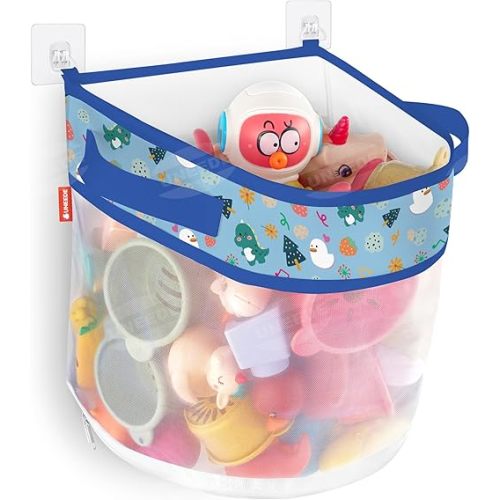 UNEEDE Dino Print Bath Toy Storage,4.15 Gallons Bathtub Toy Storage Organizer,Bath Toy Holder for Bathtub Organizer and Storage,Quick Dry Bath Toy Organizer,Mesh Shower Caddy,Blue Dinosaur Sutff
