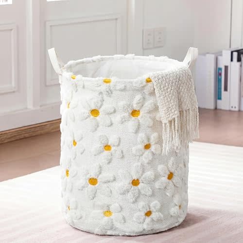 Blushtier 1 Pc White Daisy Laundry Hamper Girls Room Decor Daisy Plush Faux Fur Basket Kids Large Storage Basket Collapsible Organize Bins for Gifts Toys Blanket Clothes Nursery Bedroom