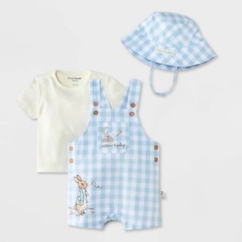 Baby Boys' 3pc Peter Rabbit Gingham Overalls Set with Hat - Blue 0-3M