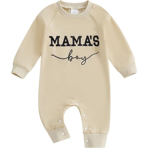 Newborn Baby Boy Fall Outfit Mamas Boy Embroidery Jumpsuit Long Sleeve Crewneck Romper Infant Boy Winter Clothes