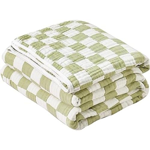 SANACYNA Muslin Blankets 100% Cotton 6-Layer Gauze Green Grid Cooling Throw Blanket Lightweight Soft and Breathable Blanket Both Sides (Green Checkerboard, Throw 50"x60")