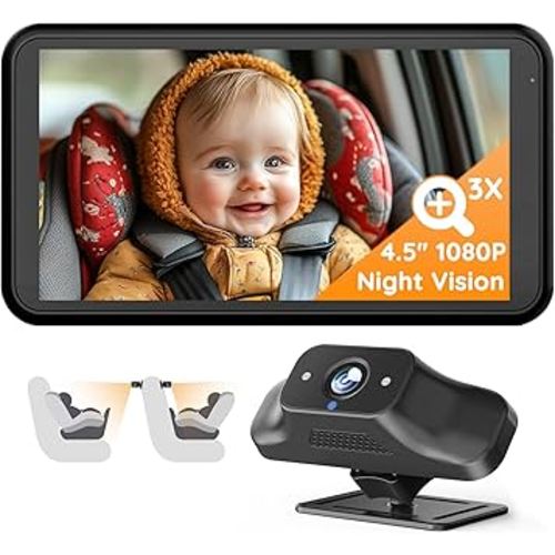 Babyvue BC1 Baby Car Camera, 4.5" 1080P HD Screen & 3X Zoom, AUTO IR Night Vision Car Baby Monitor with Adjustable Brightness, 2-Min Easy Install Car Seat Camera for Babies & Pets to Drive Safely