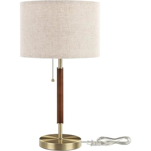 EDISHINE Mid Century Table Lamp, Bedside Lamp with Pull Chain Switch, Solid Wood & Metal Pole, Modern Nightstand Table Lamp for Living Room, Bedroom, Office, Frosted Bronze & Wood Finish