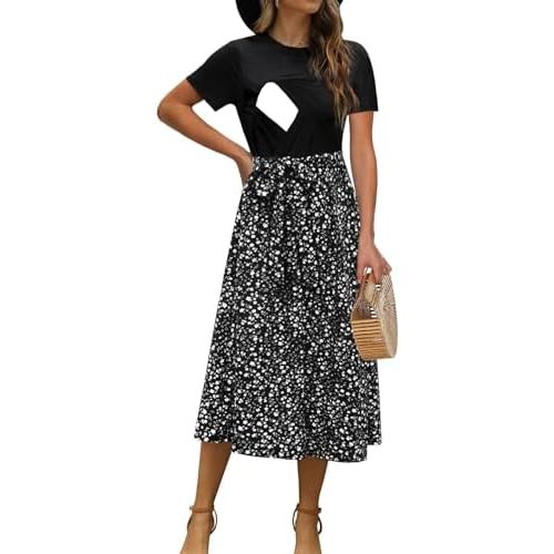 Women Nursing Dress Short Sleeve Floral Patchwork Ribbed Pregnancy Tie Waist Work Outfits Summer