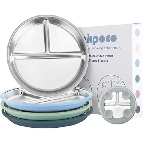 Stainless Steel Suction Plates for Toddlers, 9" Divided Kids Baby Plates with Removable Silicone Suction, Non Toxic Non Slip Portion Control Snack Dishes 4 Packs, Blue Gray Navy Sage