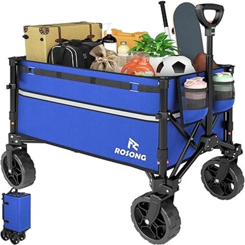 Collapsible Wagon Cart with Wheels Foldable - Folding Utility Heavy Duty Wagons Carts for Grocery Sports Garden Shopping Camping Wheelbarrows (Blue, 120L)