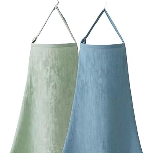 Nursing Cover, Muslin Nursing Cover up for Breastfeeding, Soft & Breathable 100% Cotton with Adjustable Neck Strap, Multi-Use Nursing Apron & Baby Essentials, 2 Pack (Grass Green and Blue)