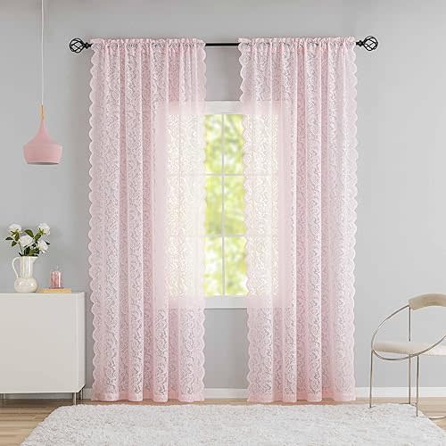 Pink Boho Curtains 96 Inches Long - Vintage Lace for Living Room, Dormitory, Nursery - Voile Drapes Semi Sheer - Teen Girl Modern Farmhouse Decor - 2 Panels 52" W x 96" L, Pale Pink