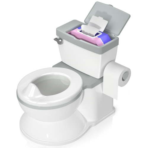 Baby Potty Training Toilet, Training Seat for Kids with Realistic Flushing Sound, Wipes Storage, Toilet Paper Holder, Grey
