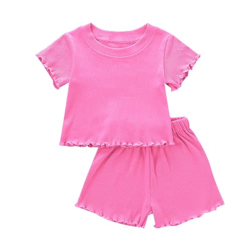 Dimoybabe Toddler Baby Girl Summer Clothes Ribbed Knit Cotton Cute Summer Outfits Short Sleeves 2 Pieces Shorts Set 12M - 5T