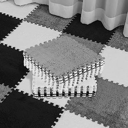 18 Pcs Plush Foam Floor Mat Square Interlocking Carpet Tiles with Border Fluffy Play Mat Floor Tiles Soft Climbing Area Rugs for Home Playroom Decor, 12 x 12 x 0.4 Inch (Black, White, Gray)