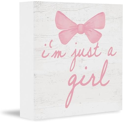 Trendy Pink Bow Coquette Room Decor Wooden Box Sign, Coquette Party Decor, Girls Room Decor, i’m Just a Girl Girly Bowknot Signs for Home Dorm Wall Desk Shelf Tabletop Decoration