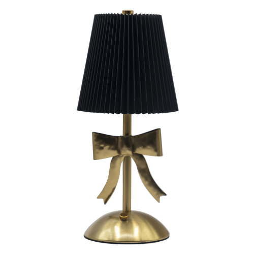 OneDesign Home Portable and Rechargeable Touch Lamp with Black Fabric Pleated Shade and Brushed Brass Bow Detail:(Includes LED Light Bulb)