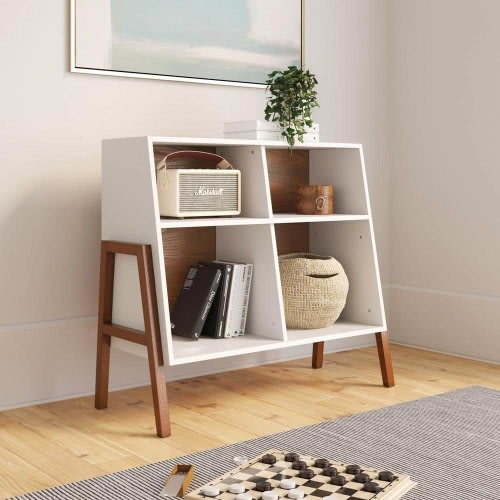 Telos Glossy White and Brown 4-Cube Organizer Storage Cabinet with Open Shelves and Angled Design
