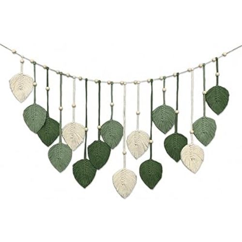 Nature-Inspired Macrame Leaf Wall Hanging, Handcrafted Green Tapestry Boho Home Decor, Bohemian Art Nursery Living Room Bedroom Backdrop Chic Decoration (Green Off White 47.2“ x 30“)