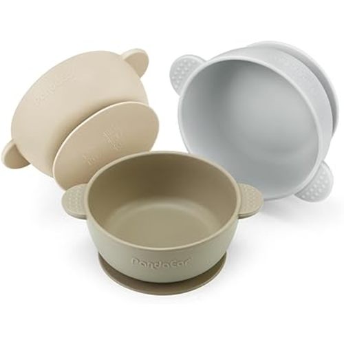 PandaEar 3 Pack Baby Bowls with Suction| Stay Put Silicone Food Bowl for Babies Kids Toddlers Infants| Food Grade Soft Safe BPA-Free Silicone (Brown Grey Tan)