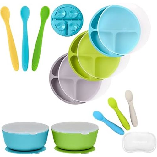 WeeSprout 3 Soft Silicone Spoons, 3 Self Feeding Baby Spoons, 2 Suction Bowls and 3 Plates with Lids Bundle - Complete Baby Feeding Set with Travel-Ready Case - Dishwasher Safe
