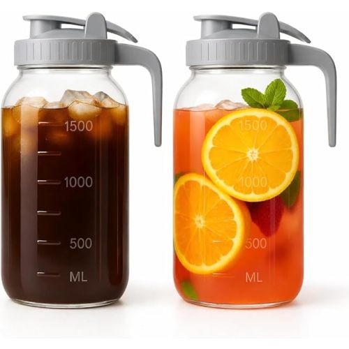 2 Pack - 64oz Glass Pitcher with Lid Wide Mouth, 2 Quart (1.9 Liter) Mason Jar Pitcher with Lid and Spout, Leakproof Water Jug for Water, Juice, Tea, Iced Coffee, Milk Storage, Grey & Grey