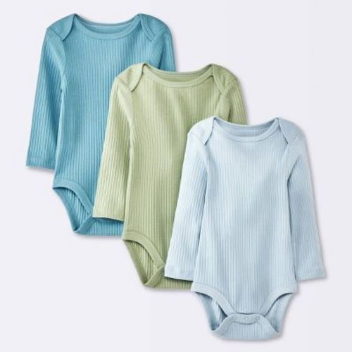 Baby Boys' 3pk Long Sleeve Wide Ribbed Bodysuit - Cloud Island™ Blue Newborn