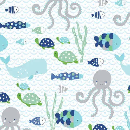 Oceania 100% Cotton Blue/Gray/White Whale with Octopus and Fish Nautical Ocean Theme Fitted Crib Sheet – Lambs & Ivy