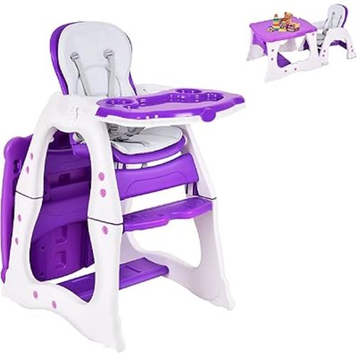 HONEY JOY 5 in 1 High Chair, Convertible Highchair for Babies and Toddlers/Table Chair Set/Booster Seat/Toddler Chair w/Safety Harness, Reclining Backrest, Double Food Tray (Purple)
