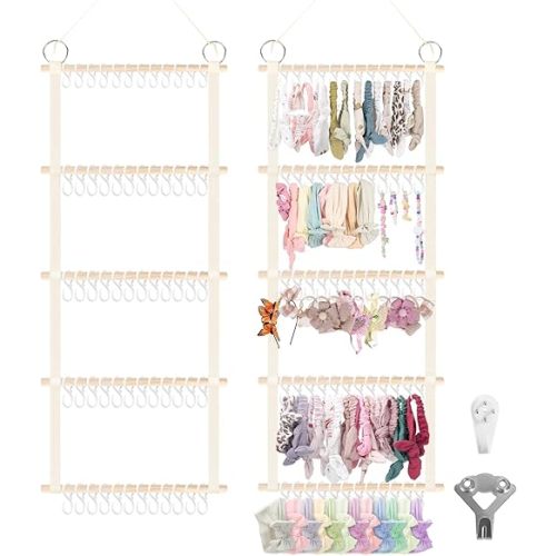 Munzong Headband Holder 52x17 inch, Beige Bow Organizer for Baby Girls, Extra Large Nursery Wall Hanging Clip Storage w/ 60 Hooks, Hair Accessories Organizer Rack Shelf for Toddler Kids Room Decor