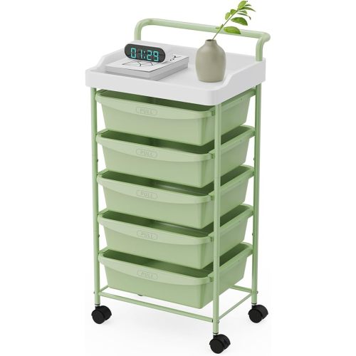 Rolling Storage Cart with Drawers, Utility Cart with 5 Drawers and Tabletop, 5 Tier Utility Cart on Wheels Multipurpose Storage Drawer Cart Organizer with Lockable Wheels for Home Office School, Green