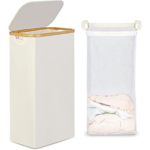 efluky Slim Laundry Hamper with Lid, Narrow Laundry Basket with Removable Bag, Collapsible Dirty Clothes Basket with Handles, Thin Laundry Bin for Small Space Bathroom, Dorm & Bedroom, 75L Beige