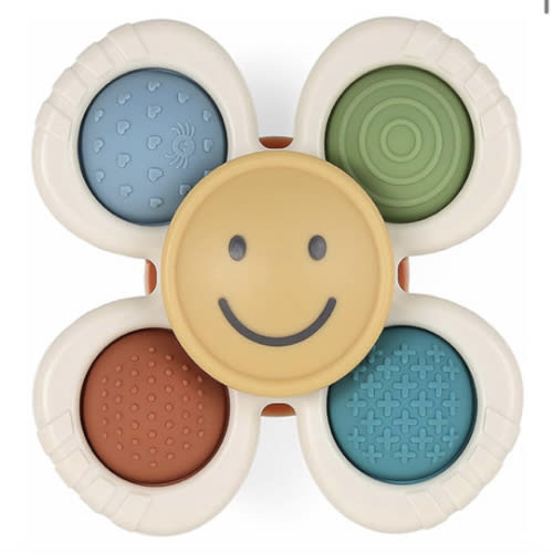Itzy Ritzy Pop & Whirl – Fidget Spinner Travel & Bath Toy for Babies & Toddlers – Fidget w/Textured Silicone Poppers to Develop Fine Motor Skills – Sticks to Highchairs, Tables, Tubs More (Smile)
